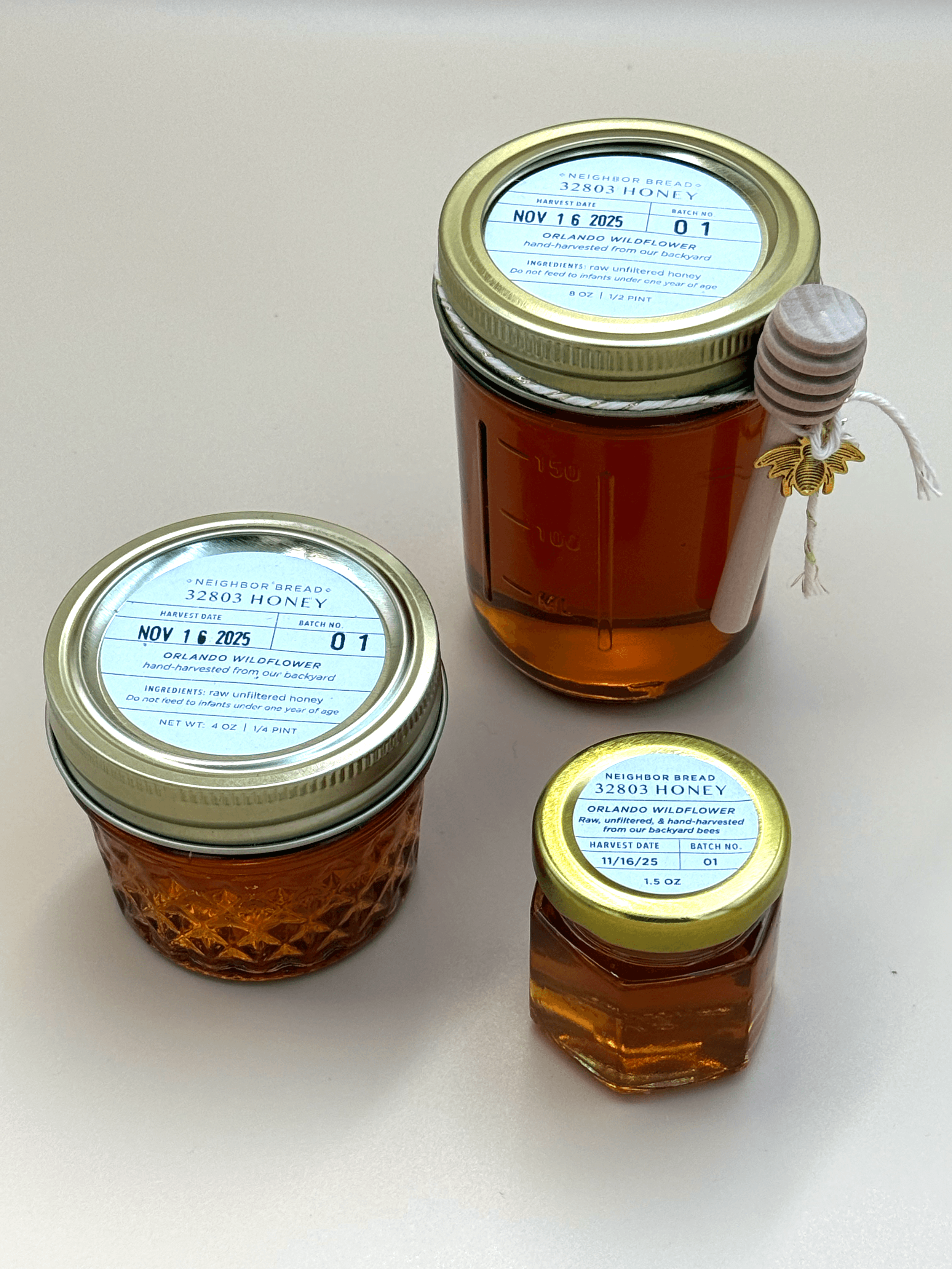 Backyard honey in several jar sizes